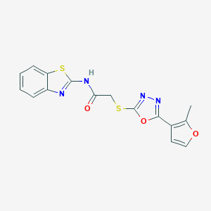 molecular formula C16H12N4O3S2 B354095 N-Benzothiazol-2-yl-2-[5-(2-methyl-furan-3-yl)-[1,3,4]oxadiazol-2-ylsulfanyl]-acetamide CAS No. 876880-58-9
