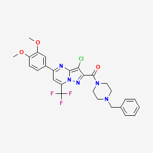 molecular formula C27H25ClF3N5O3 B3554428 2-[(4-benzyl-1-piperazinyl)carbonyl]-3-chloro-5-(3,4-dimethoxyphenyl)-7-(trifluoromethyl)pyrazolo[1,5-a]pyrimidine 