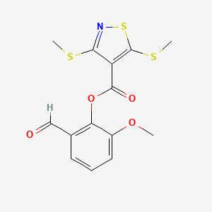 molecular formula C14H13NO4S3 B3556109 2-formyl-6-methoxyphenyl 3,5-bis(methylthio)isothiazole-4-carboxylate 