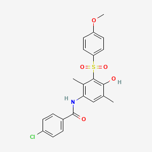 molecular formula C22H20ClNO5S B3557349 4-chloro-N-{4-hydroxy-3-[(4-methoxyphenyl)sulfonyl]-2,5-dimethylphenyl}benzamide 