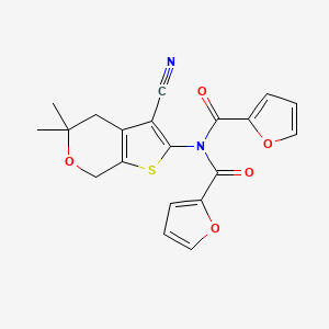 molecular formula C20H16N2O5S B3558733 N-(3-cyano-5,5-dimethyl-4,7-dihydrothieno[2,3-c]pyran-2-yl)-N-(furan-2-carbonyl)furan-2-carboxamide 