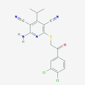 molecular formula C18H14Cl2N4OS B3559177 2-Amino-6-{[2-(3,4-dichlorophenyl)-2-oxoethyl]sulfanyl}-4-(propan-2-yl)pyridine-3,5-dicarbonitrile 