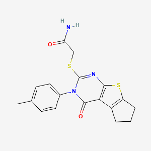 molecular formula C18H17N3O2S2 B3559282 2-{[3-(4-methylphenyl)-4-oxo-3,5,6,7-tetrahydro-4H-cyclopenta[4,5]thieno[2,3-d]pyrimidin-2-yl]sulfanyl}acetamide 