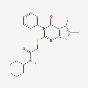 molecular formula C22H25N3O2S2 B3559301 N-CYCLOHEXYL-2-({5,6-DIMETHYL-4-OXO-3-PHENYL-3H,4H-THIENO[2,3-D]PYRIMIDIN-2-YL}SULFANYL)ACETAMIDE 