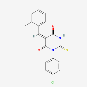 molecular formula C18H13ClN2O2S B3559914 (5E)-1-(4-chlorophenyl)-5-[(2-methylphenyl)methylidene]-2-sulfanylidene-1,3-diazinane-4,6-dione 