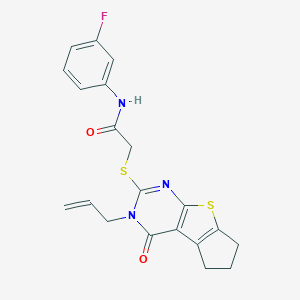 N-(3-Fluorophenyl)-2-[(12-oxo-11-prop-2-enyl-7-thia-9,11-diazatricyclo[6.4.0.02,6]dodeca-1(8),2(6),9-trien-10-yl)sulfanyl]acetamide