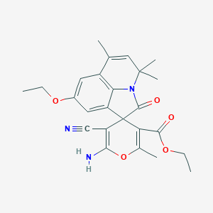 molecular formula C25H27N3O5 B356290 Ethyl 6'-amino-5'-cyano-6-ethoxy-2',9,11,11-tetramethyl-2-oxospiro[1-azatricyclo[6.3.1.04,12]dodeca-4,6,8(12),9-tetraene-3,4'-pyran]-3'-carboxylate CAS No. 669748-49-6