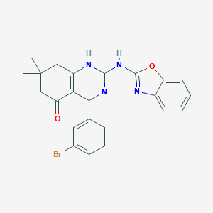 molecular formula C23H21BrN4O2 B356296 2-(1,3-benzoxazol-2-ylamino)-4-(3-bromophenyl)-7,7-dimethyl-4,6,7,8-tetrahydro-5(1H)-quinazolinone CAS No. 669718-73-4