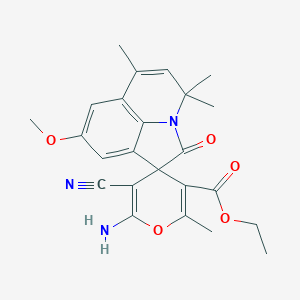 Ethyl 6'-amino-5'-cyano-6-methoxy-2',9,11,11-tetramethyl-2-oxospiro[1-azatricyclo[6.3.1.04,12]dodeca-4,6,8(12),9-tetraene-3,4'-pyran]-3'-carboxylate
