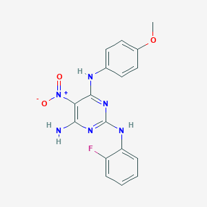 molecular formula C17H15FN6O3 B356323 N2-(2-fluorophenyl)-N4-(4-methoxyphenyl)-5-nitropyrimidine-2,4,6-triamine CAS No. 714917-94-9