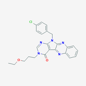 molecular formula C24H22ClN5O2 B356345 11-(4-chlorobenzyl)-3-(3-ethoxypropyl)-3,11-dihydro-4H-pyrimido[5',4':4,5]pyrrolo[2,3-b]quinoxalin-4-one CAS No. 848754-97-2