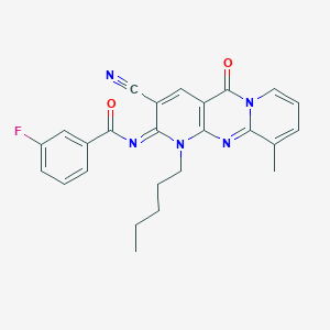 molecular formula C25H22FN5O2 B356447 N-{5-cyano-11-methyl-2-oxo-7-pentyl-1,7,9-triazatricyclo[8.4.0.0^{3,8}]tetradeca-3(8),4,9,11,13-pentaen-6-ylidene}-3-fluorobenzamide CAS No. 848690-25-5
