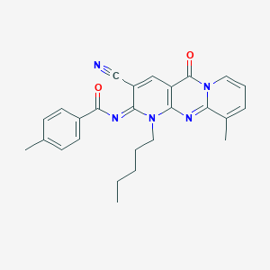 molecular formula C26H25N5O2 B356453 N-(5-Cyano-11-methyl-2-oxo-7-pentyl-1,7,9-triazatricyclo[8.4.0.03,8]tetradeca-3(8),4,9,11,13-pentaen-6-ylidene)-4-methylbenzamide CAS No. 848744-49-0