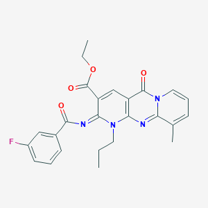 molecular formula C25H23FN4O4 B356456 Ethyl 6-(3-fluorobenzoyl)imino-11-methyl-2-oxo-7-propyl-1,7,9-triazatricyclo[8.4.0.03,8]tetradeca-3(8),4,9,11,13-pentaene-5-carboxylate CAS No. 848727-04-8