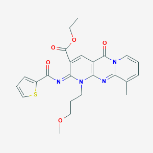 molecular formula C24H24N4O5S B356496 Ethyl 7-(3-methoxypropyl)-11-methyl-2-oxo-6-(thiophene-2-carbonylimino)-1,7,9-triazatricyclo[8.4.0.03,8]tetradeca-3(8),4,9,11,13-pentaene-5-carboxylate CAS No. 573694-20-9