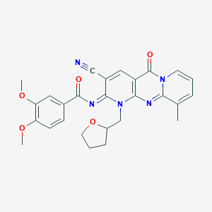 molecular formula C27H25N5O5 B356498 N-[5-Cyano-11-methyl-2-oxo-7-(oxolan-2-ylmethyl)-1,7,9-triazatricyclo[8.4.0.03,8]tetradeca-3(8),4,9,11,13-pentaen-6-ylidene]-3,4-dimethoxybenzamide CAS No. 862192-06-1