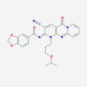 molecular formula C26H23N5O5 B356500 N-[5-Cyano-2-oxo-7-(3-propan-2-yloxypropyl)-1,7,9-triazatricyclo[8.4.0.03,8]tetradeca-3(8),4,9,11,13-pentaen-6-ylidene]-1,3-benzodioxole-5-carboxamide CAS No. 872120-25-7