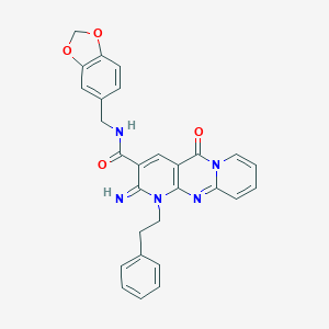 molecular formula C28H23N5O4 B356516 N-(1,3-Benzodioxol-5-ylmethyl)-6-imino-2-oxo-7-(2-phenylethyl)-1,7,9-triazatricyclo[8.4.0.03,8]tetradeca-3(8),4,9,11,13-pentaene-5-carboxamide CAS No. 587009-09-4
