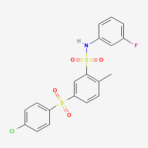 molecular formula C19H15ClFNO4S2 B3565168 5-[(4-chlorophenyl)sulfonyl]-N-(3-fluorophenyl)-2-methylbenzenesulfonamide 