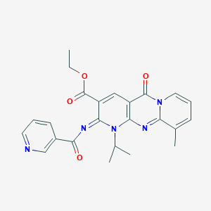 molecular formula C24H23N5O4 B356525 Ethyl 11-methyl-2-oxo-7-propan-2-yl-6-(pyridine-3-carbonylimino)-1,7,9-triazatricyclo[8.4.0.03,8]tetradeca-3(8),4,9,11,13-pentaene-5-carboxylate CAS No. 844466-14-4
