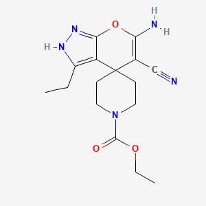 ethyl 6'-amino-5'-cyano-3'-ethyl-1H,2'H-spiro[piperidine-4,4'-pyrano[2,3-c]pyrazole]-1-carboxylate