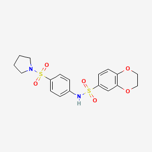 molecular formula C18H20N2O6S2 B3565411 N-[4-(1-pyrrolidinylsulfonyl)phenyl]-2,3-dihydro-1,4-benzodioxine-6-sulfonamide 