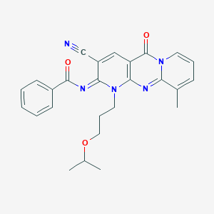 molecular formula C26H25N5O3 B356564 N-[5-Cyano-11-methyl-2-oxo-7-(3-propan-2-yloxypropyl)-1,7,9-triazatricyclo[8.4.0.03,8]tetradeca-3(8),4,9,11,13-pentaen-6-ylidene]benzamide CAS No. 846579-30-4