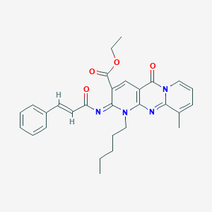 molecular formula C29H30N4O4 B356566 Ethyl 11-methyl-2-oxo-7-pentyl-6-[(E)-3-phenylprop-2-enoyl]imino-1,7,9-triazatricyclo[8.4.0.03,8]tetradeca-3(8),4,9,11,13-pentaene-5-carboxylate CAS No. 846584-59-6