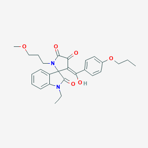 molecular formula C27H30N2O6 B356588 (4'E)-1-ethyl-4'-[hydroxy-(4-propoxyphenyl)methylidene]-1'-(3-methoxypropyl)spiro[indole-3,5'-pyrrolidine]-2,2',3'-trione CAS No. 847185-50-6