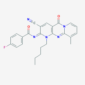 molecular formula C25H22FN5O2 B356618 N-{5-cyano-11-methyl-2-oxo-7-pentyl-1,7,9-triazatricyclo[8.4.0.0^{3,8}]tetradeca-3(8),4,9,11,13-pentaen-6-ylidene}-4-fluorobenzamide CAS No. 847917-56-0