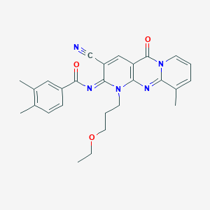 molecular formula C27H27N5O3 B356622 N-[5-Cyano-7-(3-ethoxypropyl)-11-methyl-2-oxo-1,7,9-triazatricyclo[8.4.0.03,8]tetradeca-3(8),4,9,11,13-pentaen-6-ylidene]-3,4-dimethylbenzamide CAS No. 848064-51-7