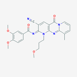 molecular formula C26H25N5O5 B356627 N-[5-cyano-7-(3-methoxypropyl)-11-methyl-2-oxo-1,7,9-triazatricyclo[8.4.0.0^{3,8}]tetradeca-3(8),4,9,11,13-pentaen-6-ylidene]-3,4-dimethoxybenzamide CAS No. 848206-04-2