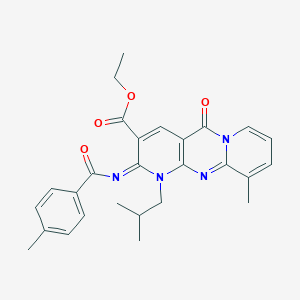 Ethyl 11-methyl-6-(4-methylbenzoyl)imino-7-(2-methylpropyl)-2-oxo-1,7,9-triazatricyclo[8.4.0.03,8]tetradeca-3(8),4,9,11,13-pentaene-5-carboxylate