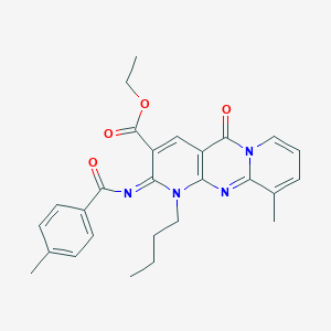 molecular formula C27H28N4O4 B356645 Ethyl 7-butyl-11-methyl-6-(4-methylbenzoyl)imino-2-oxo-1,7,9-triazatricyclo[8.4.0.03,8]tetradeca-3(8),4,9,11,13-pentaene-5-carboxylate CAS No. 848684-50-4