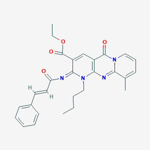 molecular formula C28H28N4O4 B356651 Ethyl 7-butyl-11-methyl-2-oxo-6-[(E)-3-phenylprop-2-enoyl]imino-1,7,9-triazatricyclo[8.4.0.03,8]tetradeca-3(8),4,9,11,13-pentaene-5-carboxylate CAS No. 848728-25-6