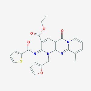 molecular formula C25H20N4O5S B356671 Ethyl 7-(furan-2-ylmethyl)-11-methyl-2-oxo-6-(thiophene-2-carbonylimino)-1,7,9-triazatricyclo[8.4.0.03,8]tetradeca-3(8),4,9,11,13-pentaene-5-carboxylate CAS No. 848755-76-0