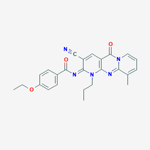 molecular formula C25H23N5O3 B356674 N-(5-Cyano-11-methyl-2-oxo-7-propyl-1,7,9-triazatricyclo[8.4.0.03,8]tetradeca-3(8),4,9,11,13-pentaen-6-ylidene)-4-ethoxybenzamide CAS No. 848738-80-7