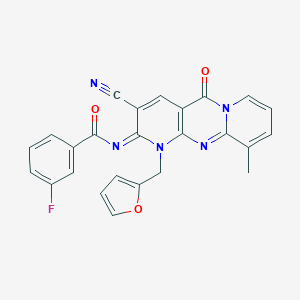 N-[5-Cyano-7-(furan-2-ylmethyl)-11-methyl-2-oxo-1,7,9-triazatricyclo[8.4.0.03,8]tetradeca-3(8),4,9,11,13-pentaen-6-ylidene]-3-fluorobenzamide