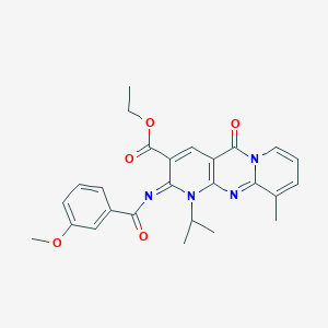 molecular formula C26H26N4O5 B356710 Ethyl 6-(3-methoxybenzoyl)imino-11-methyl-2-oxo-7-propan-2-yl-1,7,9-triazatricyclo[8.4.0.03,8]tetradeca-3(8),4,9,11,13-pentaene-5-carboxylate CAS No. 850235-54-0