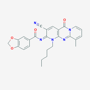 molecular formula C26H23N5O4 B356727 N-(5-Cyano-11-methyl-2-oxo-7-pentyl-1,7,9-triazatricyclo[8.4.0.03,8]tetradeca-3(8),4,9,11,13-pentaen-6-ylidene)-1,3-benzodioxole-5-carboxamide CAS No. 862199-64-2