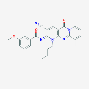 N-(5-Cyano-11-methyl-2-oxo-7-pentyl-1,7,9-triazatricyclo[8.4.0.03,8]tetradeca-3(8),4,9,11,13-pentaen-6-ylidene)-3-methoxybenzamide