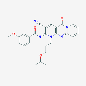 molecular formula C26H25N5O4 B356749 N-[5-Cyano-2-oxo-7-(3-propan-2-yloxypropyl)-1,7,9-triazatricyclo[8.4.0.03,8]tetradeca-3(8),4,9,11,13-pentaen-6-ylidene]-3-methoxybenzamide CAS No. 877782-77-9