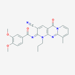 molecular formula C25H23N5O4 B356750 N-(5-Cyano-11-methyl-2-oxo-7-propyl-1,7,9-triazatricyclo[8.4.0.03,8]tetradeca-3(8),4,9,11,13-pentaen-6-ylidene)-3,4-dimethoxybenzamide CAS No. 872120-10-0