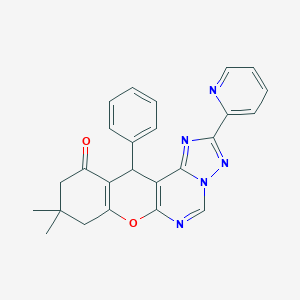 molecular formula C25H21N5O2 B356754 9,9-dimethyl-12-phenyl-2-(2-pyridinyl)-8,9,10,12-tetrahydro-11H-chromeno[3,2-e][1,2,4]triazolo[1,5-c]pyrimidin-11-one CAS No. 843672-58-2