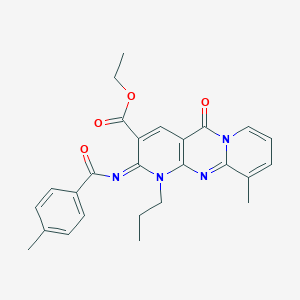 Ethyl 11-methyl-6-(4-methylbenzoyl)imino-2-oxo-7-propyl-1,7,9-triazatricyclo[8.4.0.03,8]tetradeca-3(8),4,9,11,13-pentaene-5-carboxylate