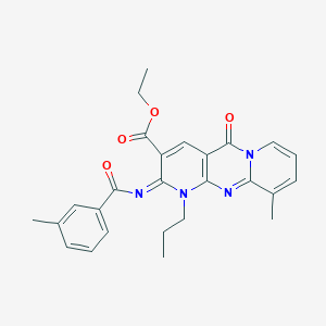 Ethyl 11-methyl-6-(3-methylbenzoyl)imino-2-oxo-7-propyl-1,7,9-triazatricyclo[8.4.0.03,8]tetradeca-3(8),4,9,11,13-pentaene-5-carboxylate