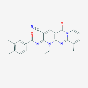 N-(5-Cyano-11-methyl-2-oxo-7-propyl-1,7,9-triazatricyclo[8.4.0.03,8]tetradeca-3(8),4,9,11,13-pentaen-6-ylidene)-3,4-dimethylbenzamide