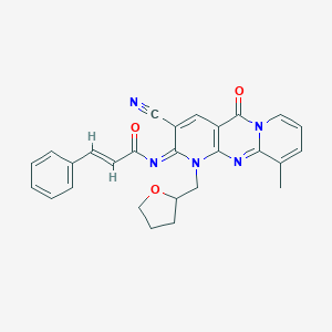 (E)-N-[5-Cyano-11-methyl-2-oxo-7-(oxolan-2-ylmethyl)-1,7,9-triazatricyclo[8.4.0.03,8]tetradeca-3(8),4,9,11,13-pentaen-6-ylidene]-3-phenylprop-2-enamide