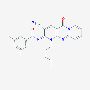 N-(5-Cyano-2-oxo-7-pentyl-1,7,9-triazatricyclo[8.4.0.03,8]tetradeca-3(8),4,9,11,13-pentaen-6-ylidene)-3,5-dimethylbenzamide