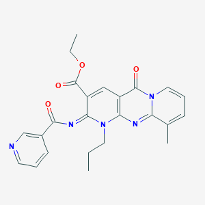 molecular formula C24H23N5O4 B356795 Ethyl 11-methyl-2-oxo-7-propyl-6-(pyridine-3-carbonylimino)-1,7,9-triazatricyclo[8.4.0.03,8]tetradeca-3(8),4,9,11,13-pentaene-5-carboxylate CAS No. 846064-75-3